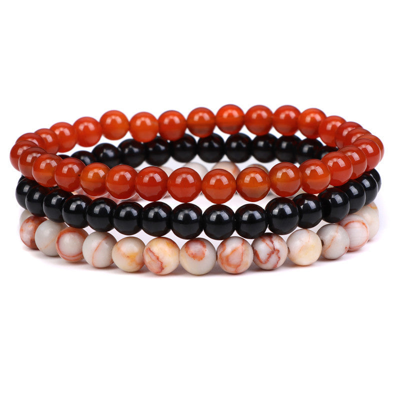Geometric Natural Agate and Rose Crystal Beaded Stretch Bracelet Set