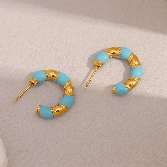 Minimalist Geometric C-Shaped Stainless Steel Earrings with 18K Gold Plating and Enamel Finish for Women