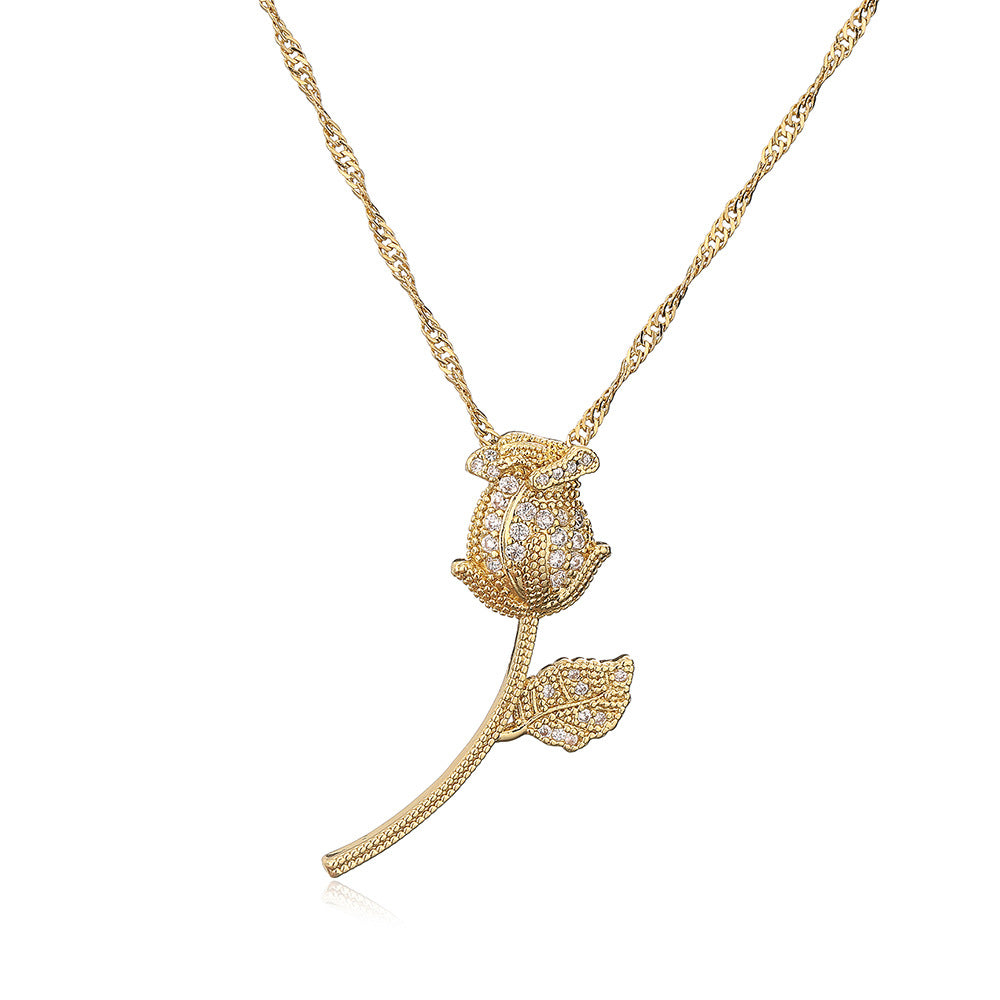 Elegant Rose Flower Pendant Necklace for Women in Copper with 18K Gold Plating and Zircon Inlay, Geometric Design