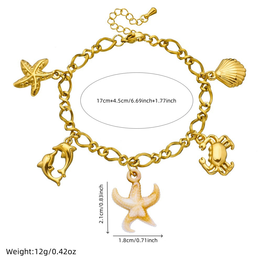 Stainless Steel Plated Animal Starfish Crab Dolphin Shell Pendant Chain Bracelet for Women