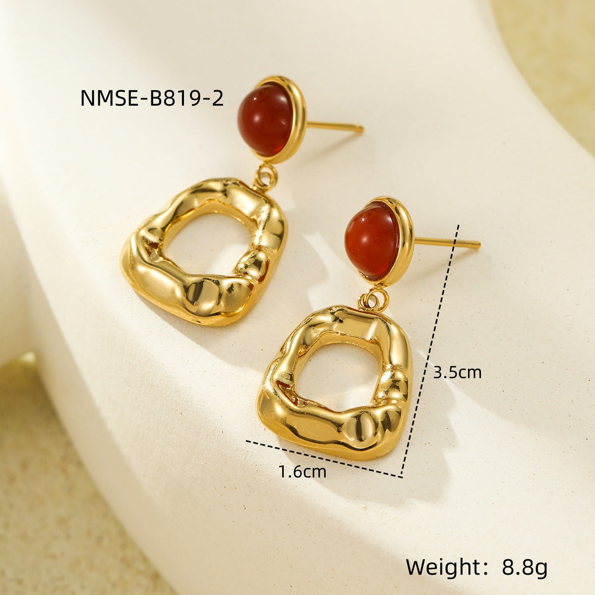 Vintage French-Style Geometric Pleated Pendant Earrings in Titanium Steel with Natural Stone Inlay and Plated Finish
