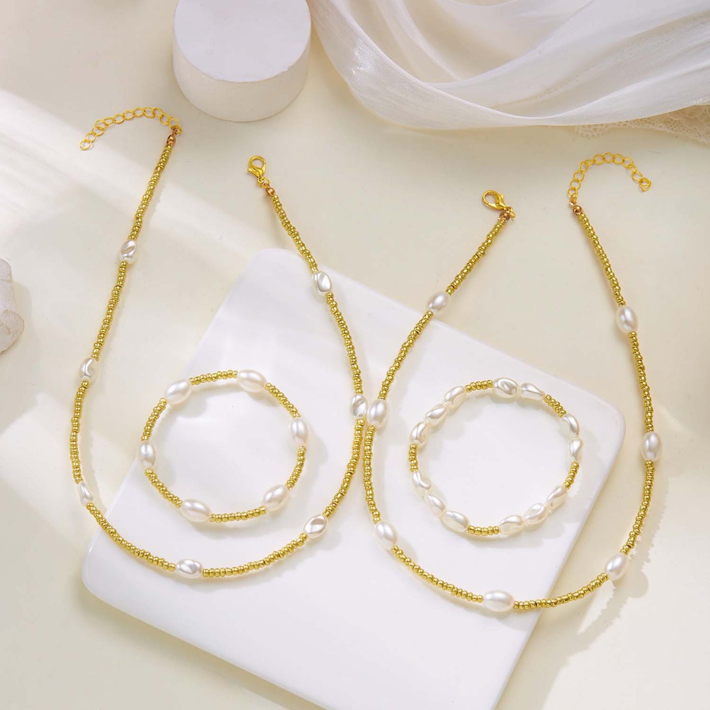 Elegant Oval Alloy Plated Pearl Beaded Necklace Bracelet Set for Women