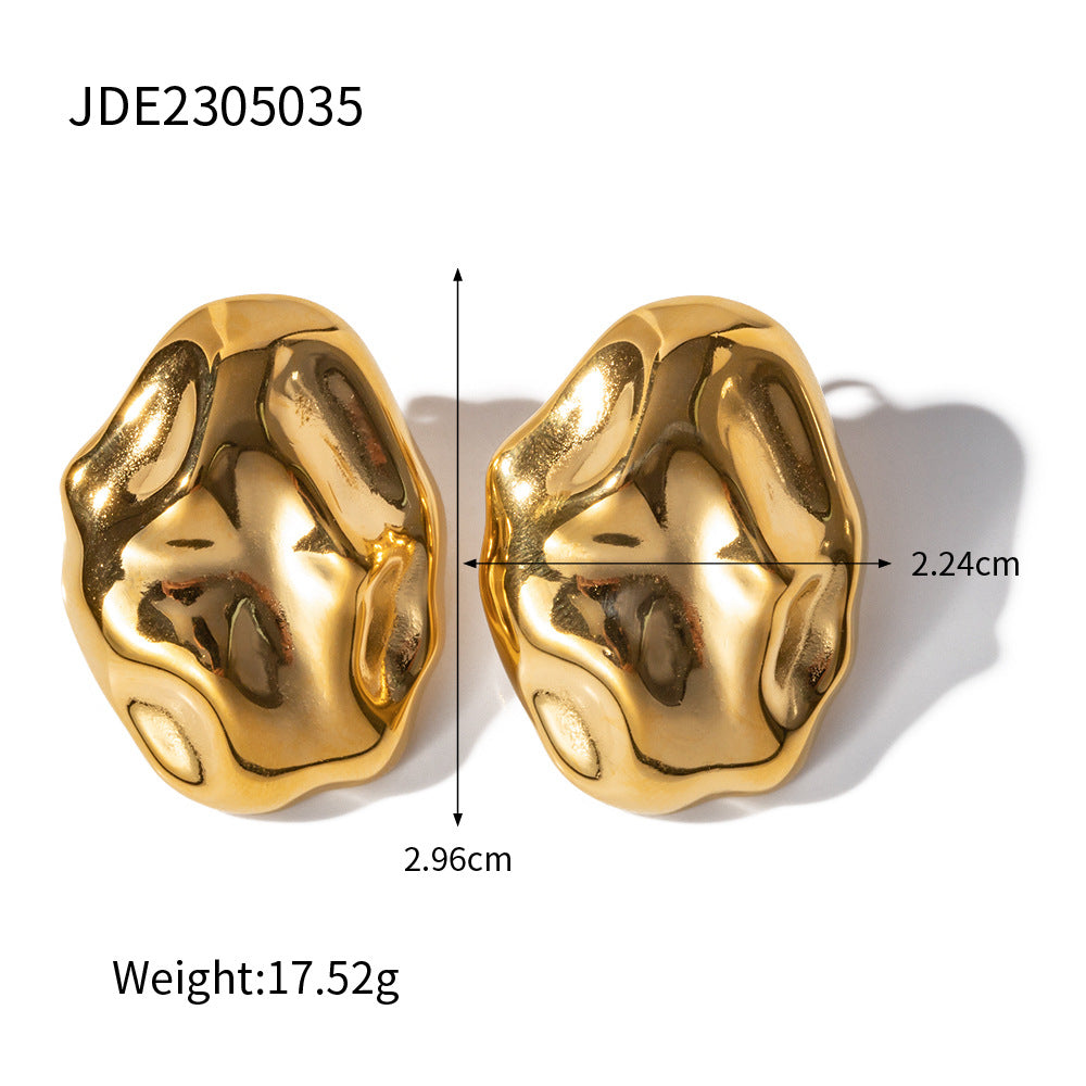 Irregular Geometric Stainless Steel Earrings for Women with 18K Gold Plating, Hypoallergenic Hammered Texture Design
