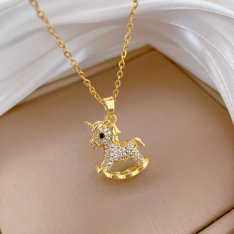 Sweet Geometric Moon Rhinestone Plated Titanium Steel Necklace with Brass Pendant Cable Chain for Unisex