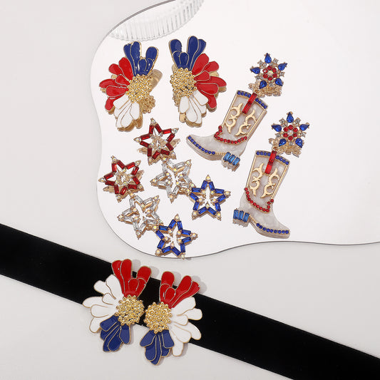 Pendientes de Esmalte Geométricos Adornados con Pedrería en Azul Blanco Rojo para Mujer