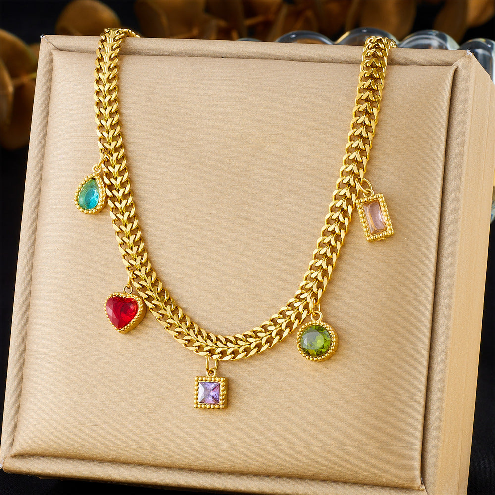Fashionable Minimalist Heart-Shaped Rhinestone-Embellished Gold-Plated Stainless Steel Choker Necklace with Snake Chain for Women