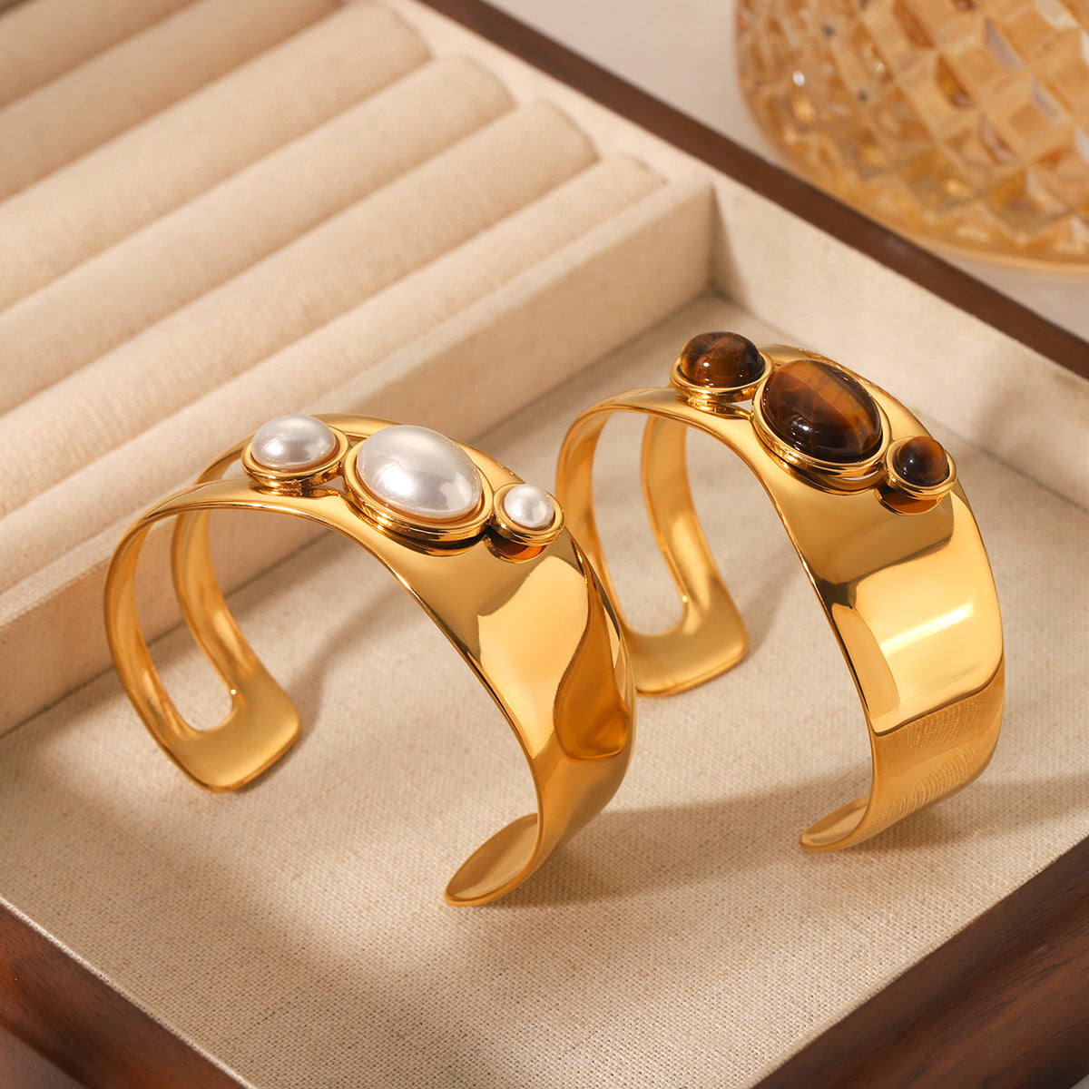 Vintage Stainless Steel Hollow Pearl Tiger Eye Bracelet with Geometric Open Cuff Design