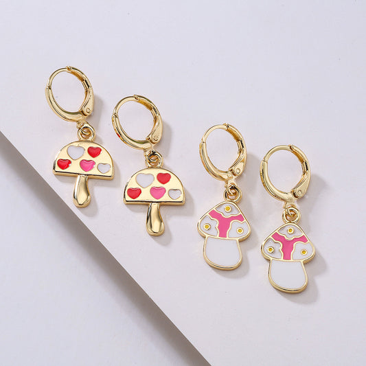 Minimalist Mushroom-Shaped Earrings for Women Made of Copper with Gold Plating and Enamel Finish