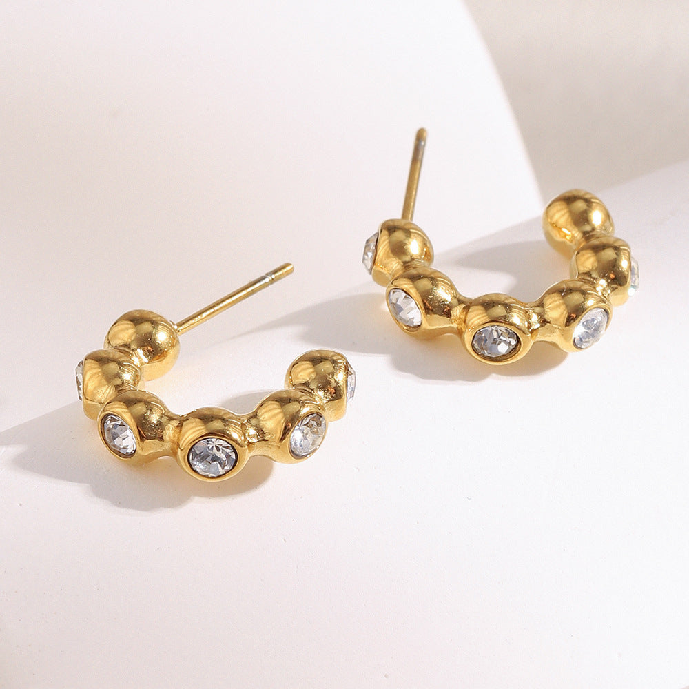 Orecchini da donna geometrici minimalisti in acciaio inossidabile placcati oro 18 carati con perline di zircone