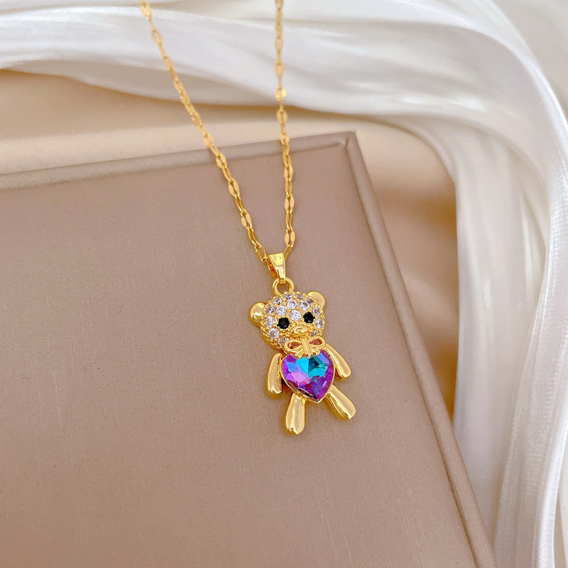 Minimalist Heart-Shaped Bear Pendant Necklace in Stainless Steel with Rhinestone Accents for Women and Men