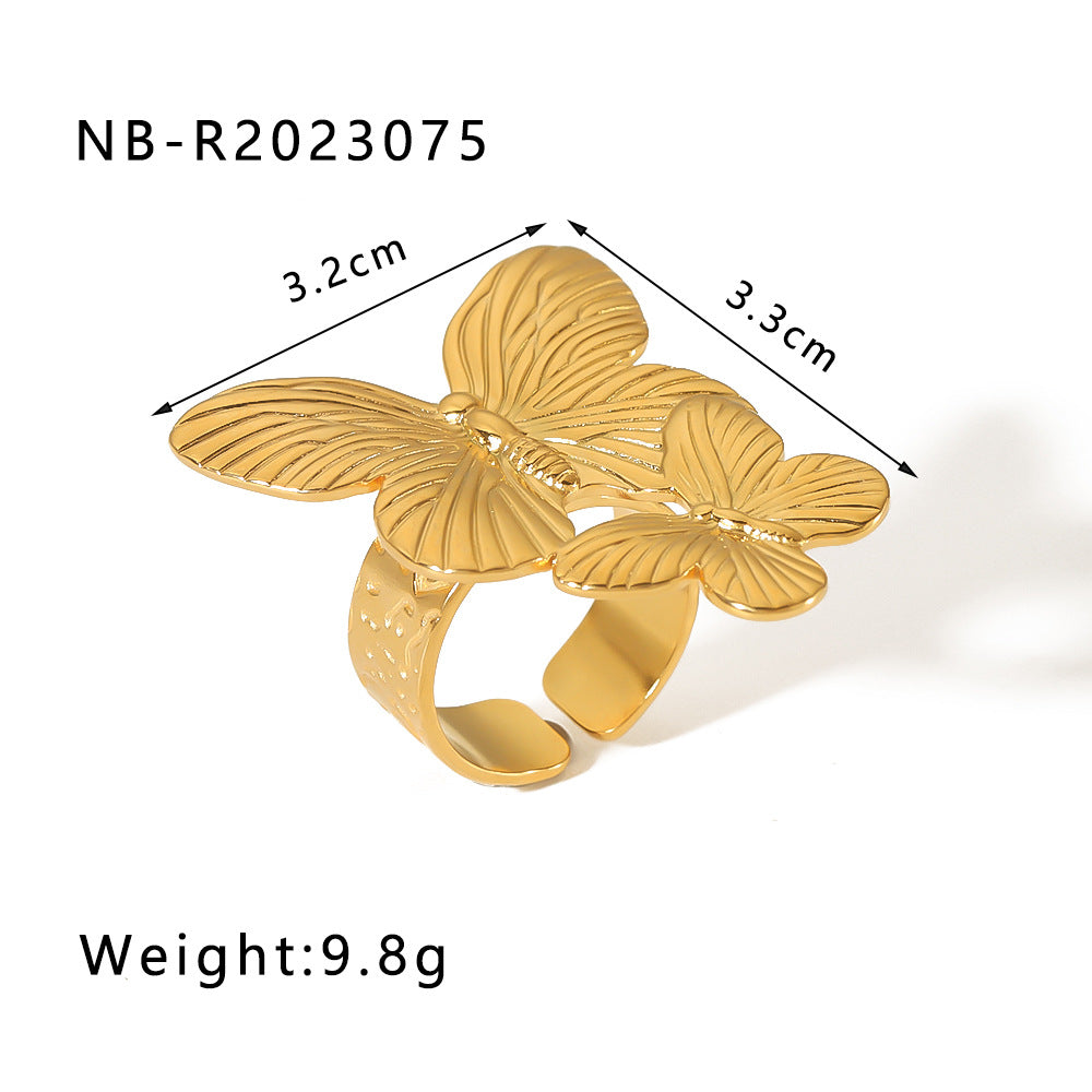 Floral Butterfly Shaped Stainless Steel Ring with 18K Gold Plating and Turquoise Inlay for Women