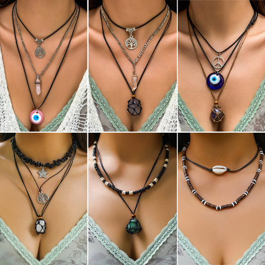 Collar vintage en forma de U de aleación con abalorios, ojo turco y perla para mujer