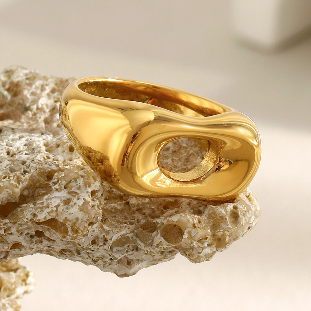 Anillo de baguette largo hueco geométrico minimalista para mujer en acero inoxidable con baño de oro de 18 quilates