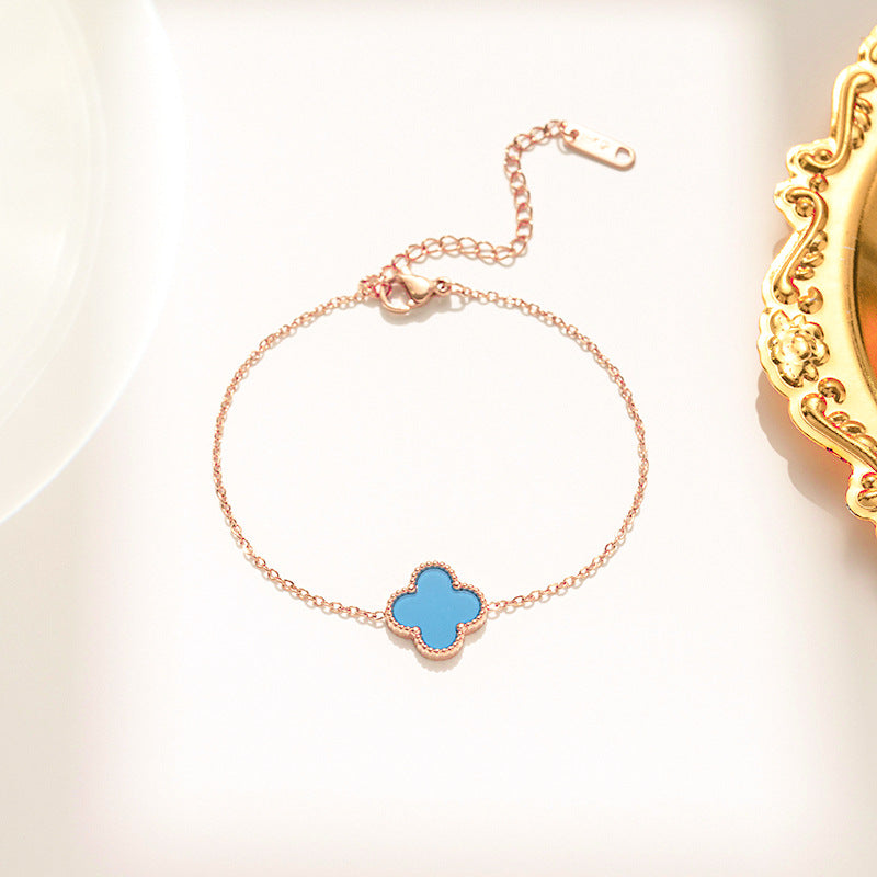 Minimalist Four-Leaf Clover Bracelet in Titanium Steel with Electroplated Finish for Women and Unisex Wear