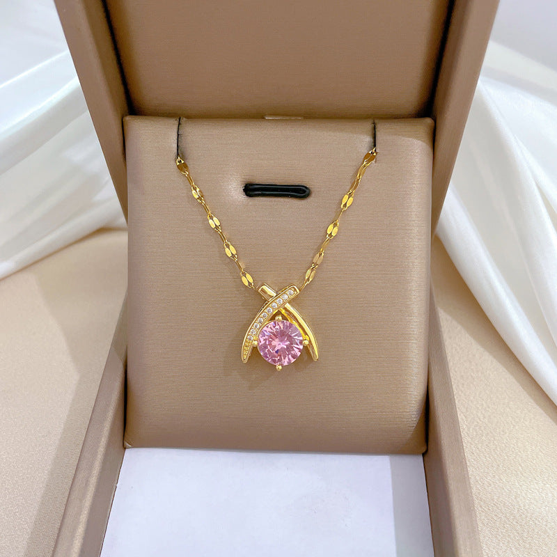 Four-Leaf Clover Rhinestone Pendant Necklace for Women Titanium Steel Irregular Chain Shell Locket Floral Style