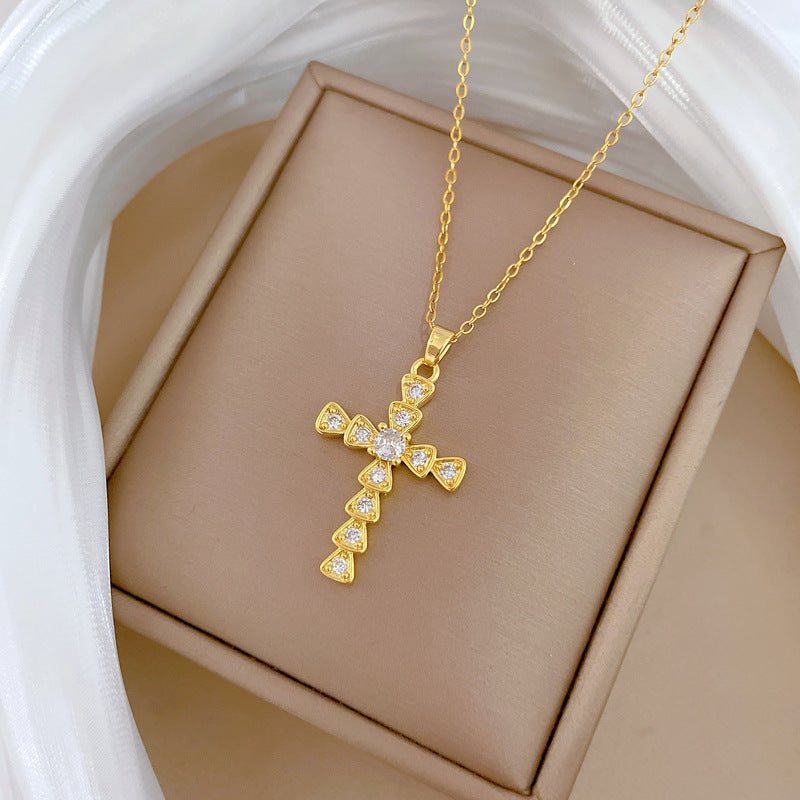 Collana con pendente a croce di lusso con strass in acciaio al titanio con motivo luna unisex