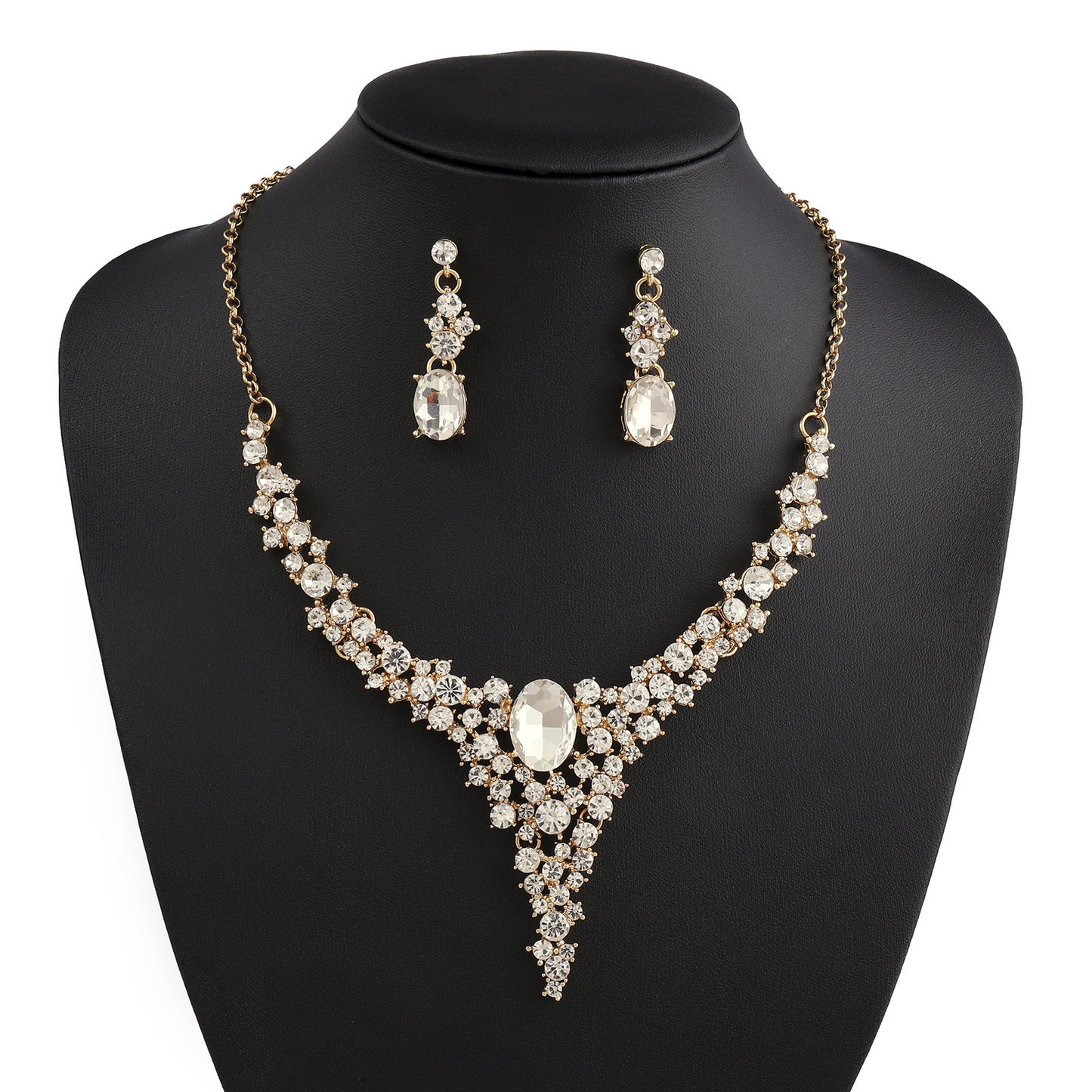 Completo collana da donna stile OL alla moda con ciondoli a campana a forma di cuore e goccia con strass e lega placcata oro su catena a O
