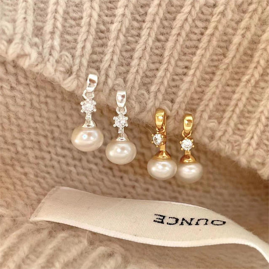 Dulces pendientes de perla y circonita geométrica minimalista en plata de ley 925