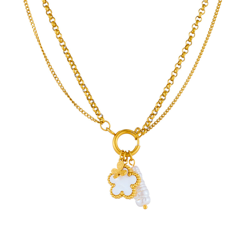 Fashion Elegant Floral Flower Butterfly Round Stainless Steel Plated Pendant Cable Chain Jewelry Set for Women