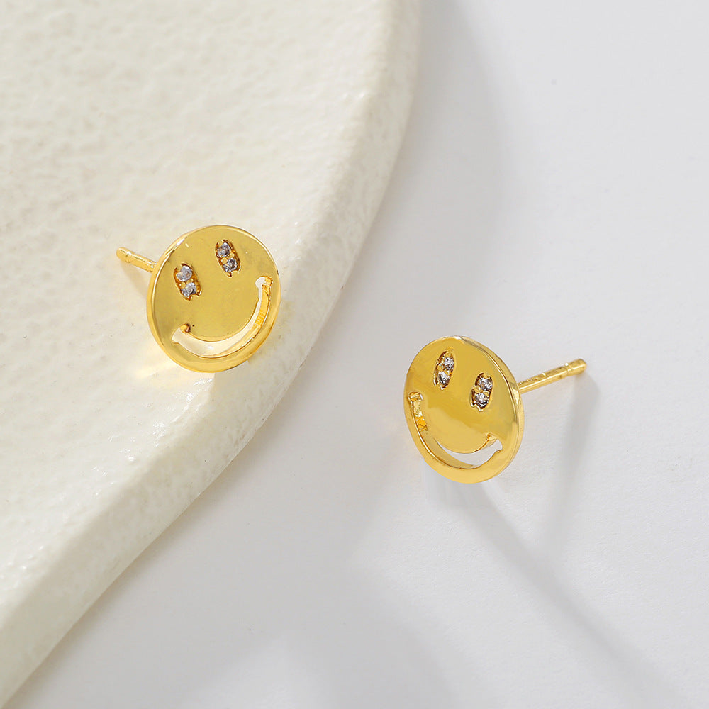 Minimalist Geometric Gold Plated Brass Stud Earrings with Micro-set Cubic Zirconia Smile Face