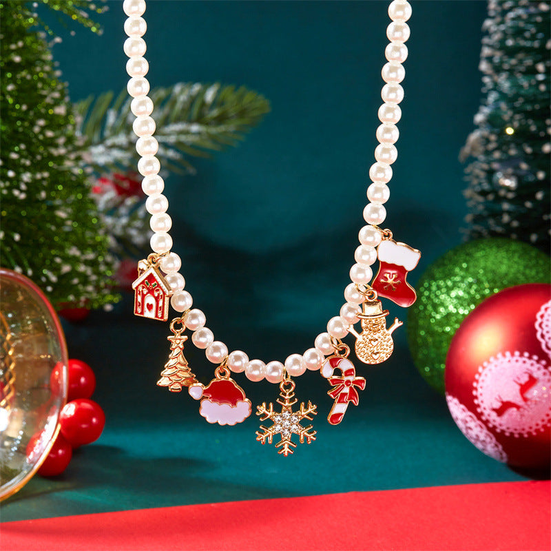 Elegant Snowflake and Christmas Tree Pendant Necklace with Imitation Pearl Accents Plated Finish for Women Holiday Jewelry