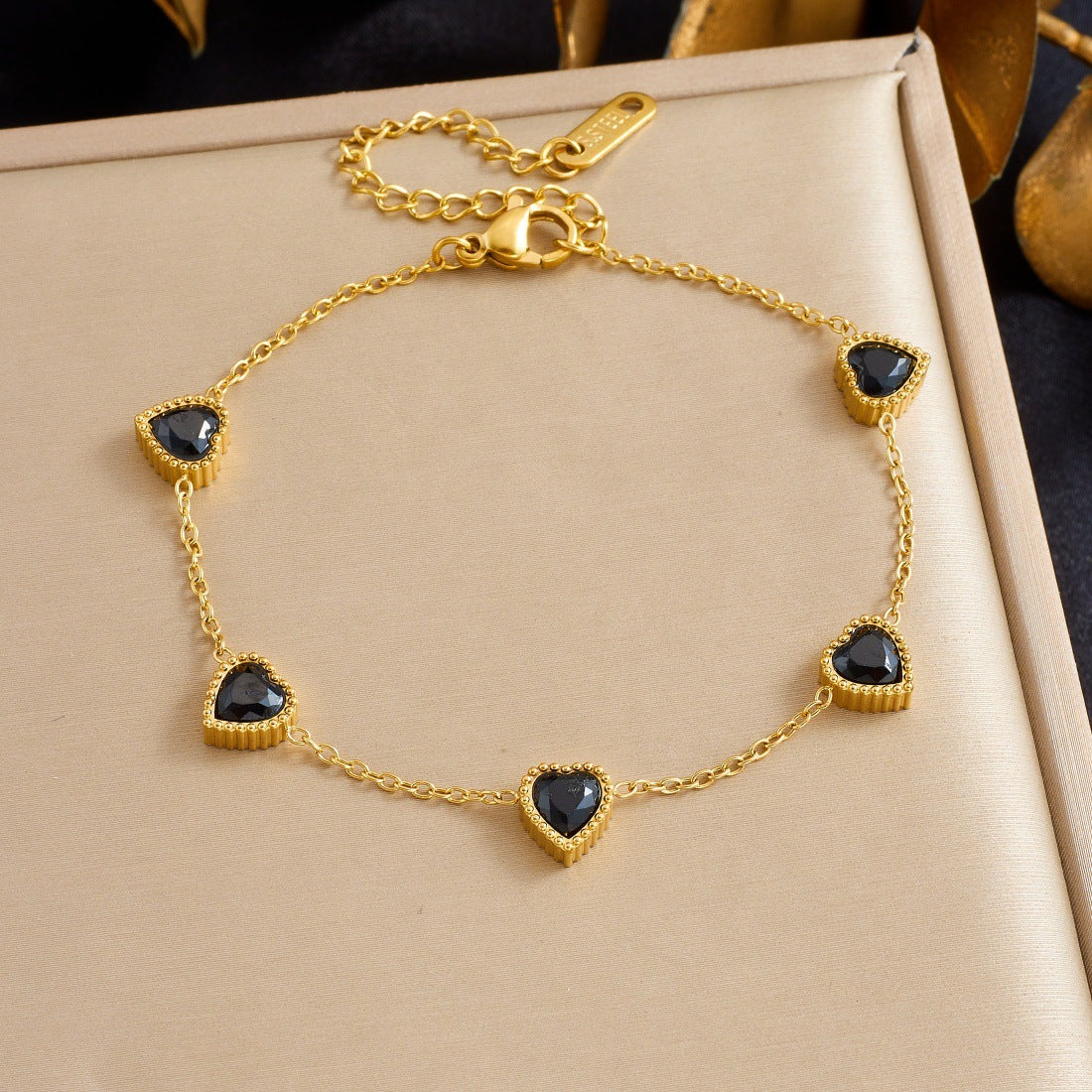 Colorful Rhinestone Heart Plated Stainless Steel Bracelet for Women