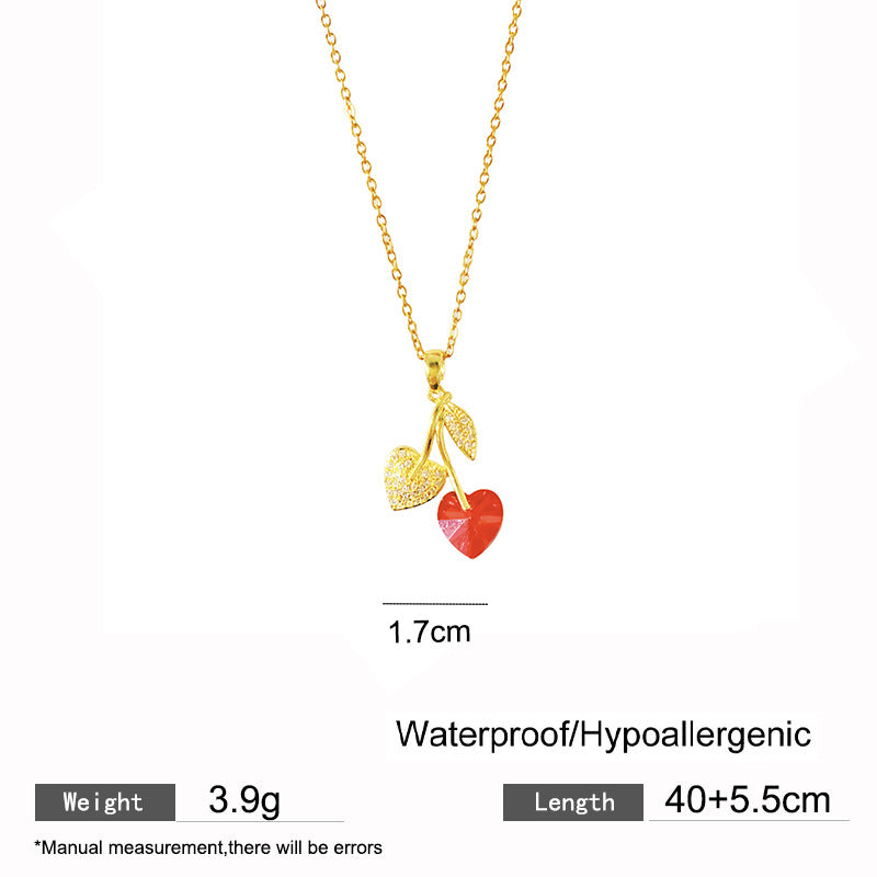 Sweet Rhinestone Cherry Fruit Pendant Titanium Steel Necklace with Cable Chain