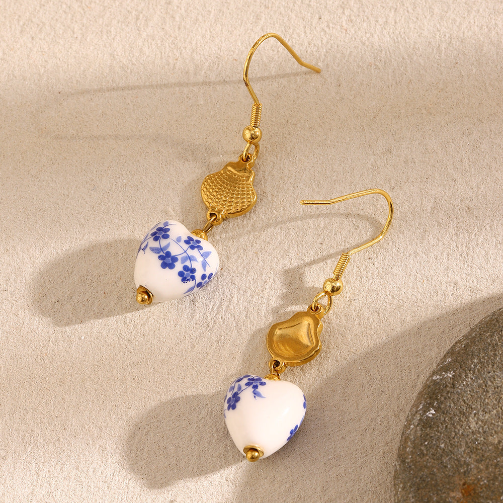 Fashionable Geometric Stainless Steel Earrings with 18K Gold Plating and Blue-and-White Porcelain Shell Accents for Women