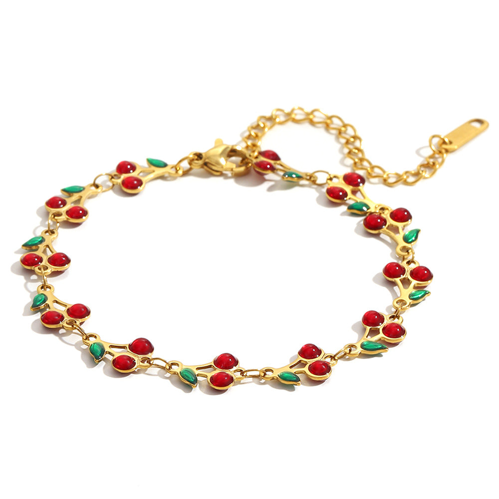 Fashionable Cherry-Shaped Stainless Steel Plated 18K Gold Enamel Bracelet for Women