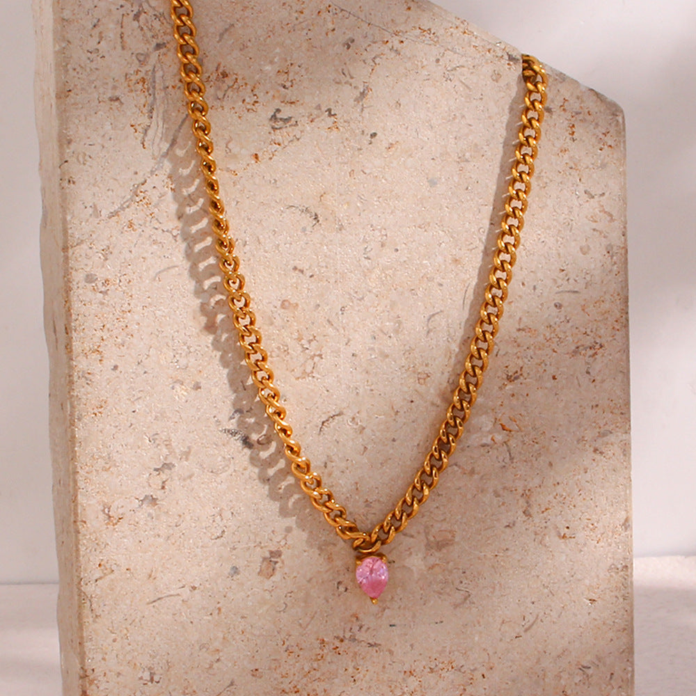 Fashionable Geometric Cubic Zirconia Pendant Necklace for Women on Stainless Steel Cuban Chain with Plated Finish