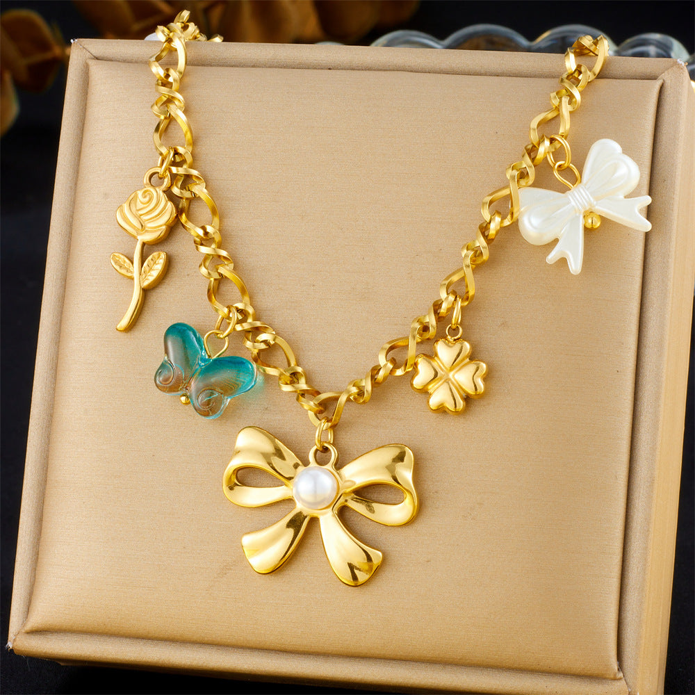 Vintage Elegant Heart Bow Cross Floral Stainless Steel Plated Necklace for Women