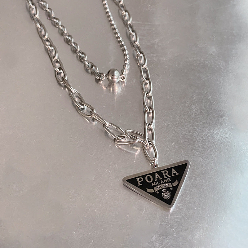Gold Plated Titanium Steel Double Layer Necklace with Triangle Letter Pendant and Ball Detail