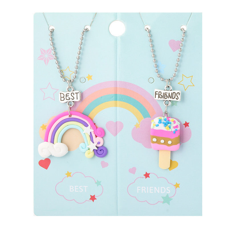 Collana con ciondolo a forma di gelato arcobaleno a cartoni animati per bambini, fatta a mano in argilla polimerica con catenina di perline