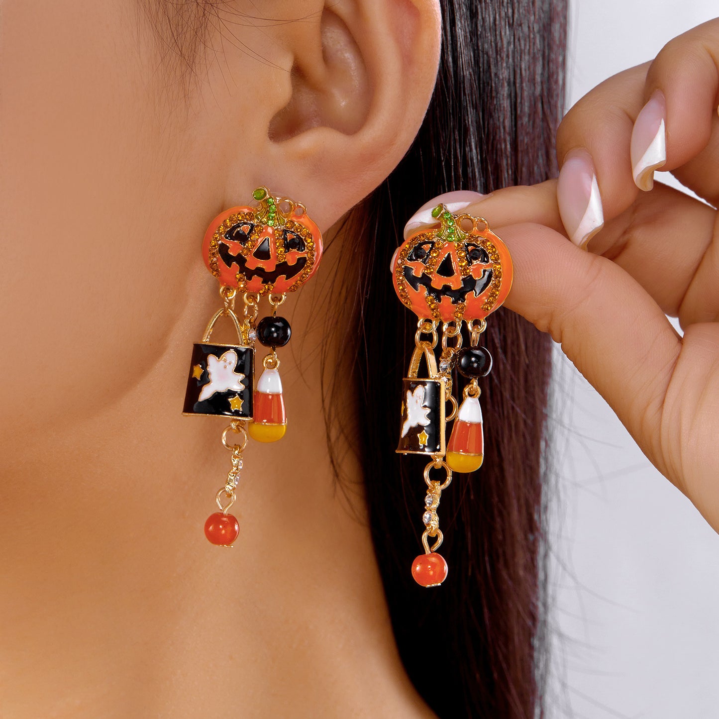 Orecchini da Donna a Tema Halloween in Lega Geometrica con Zucche e Fantasmi Smaltati, Finitura Galvanizzata, Stile Unico