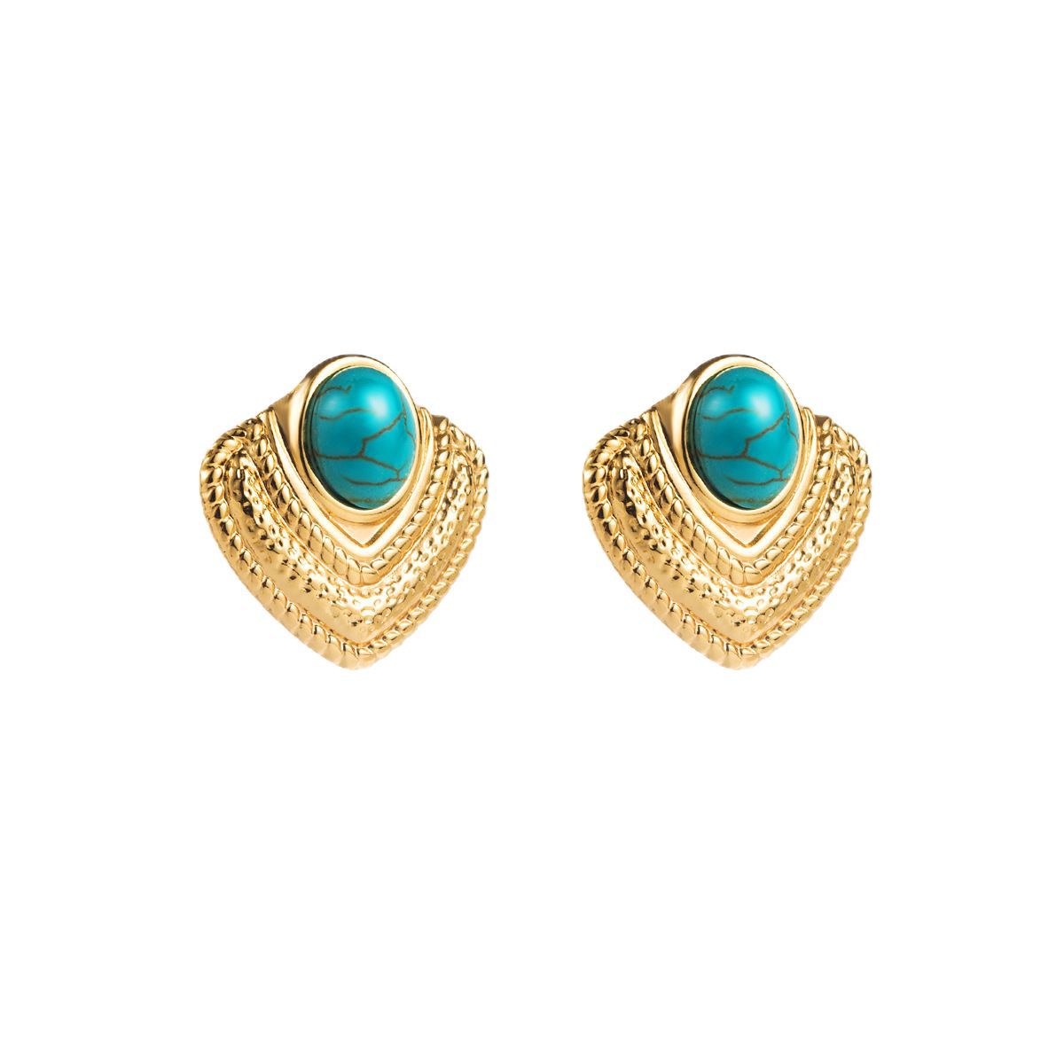 Pendientes de tuerca geométricos minimalistas vintage de acero de titanio con incrustaciones de turquesa y acabado chapado