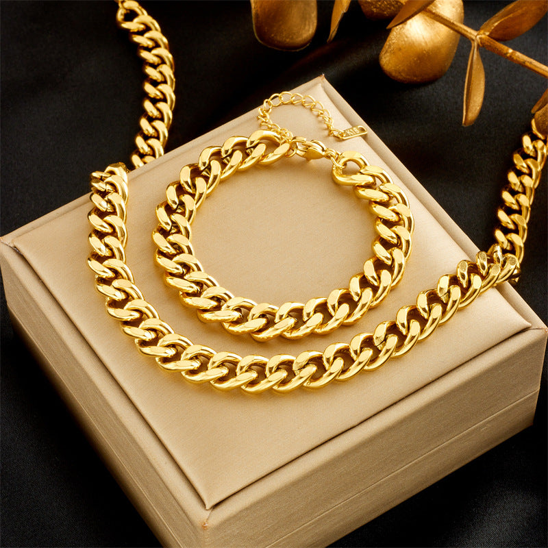 Retro Punk Style Gold-Plated Titanium Steel Necklace and Bracelet Set with Minimalist Chain Design for Women