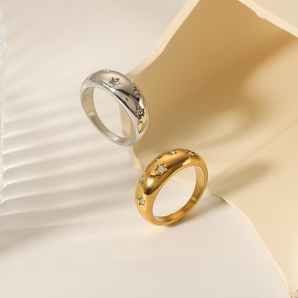 Minimalist Geometric Star-Inlaid Stainless Steel Ring with 18K Gold Plating for Women
