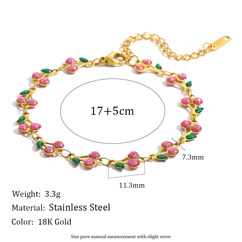 Fashionable Cherry-Shaped Stainless Steel Plated 18K Gold Enamel Bracelet for Women