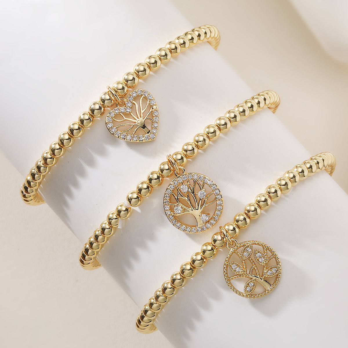 Minimalist 18K Gold Plated Geometric Tree of Life Cubic Zirconia Inlay Brass Bracelet for Women
