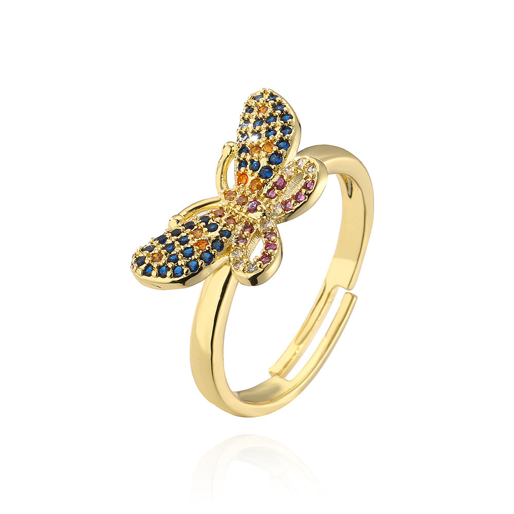 Butterfly-Shaped Geometric Open Ring for Women in Copper with 18K Gold Plating and Zircon Inlay