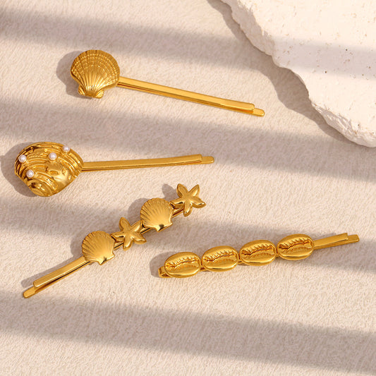 Fermaglio per Capelli da Donna Ispirato alla Francia Vintage con Cuore e Conchiglia, Realizzato in Acciaio Inossidabile con Placcatura in Oro 18K