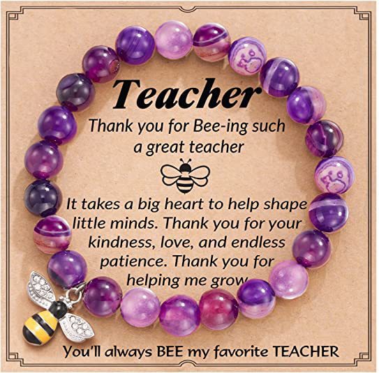 Natural Agate Bee Charm Bracelet Handmade Elastic Beaded String Unisex Jewelry