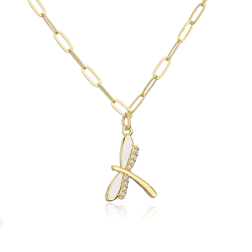 Minimalist Butterfly and Dragonfly Pendant Necklace for Women with Copper Base Plated in 18K Gold and Zircon Inlay