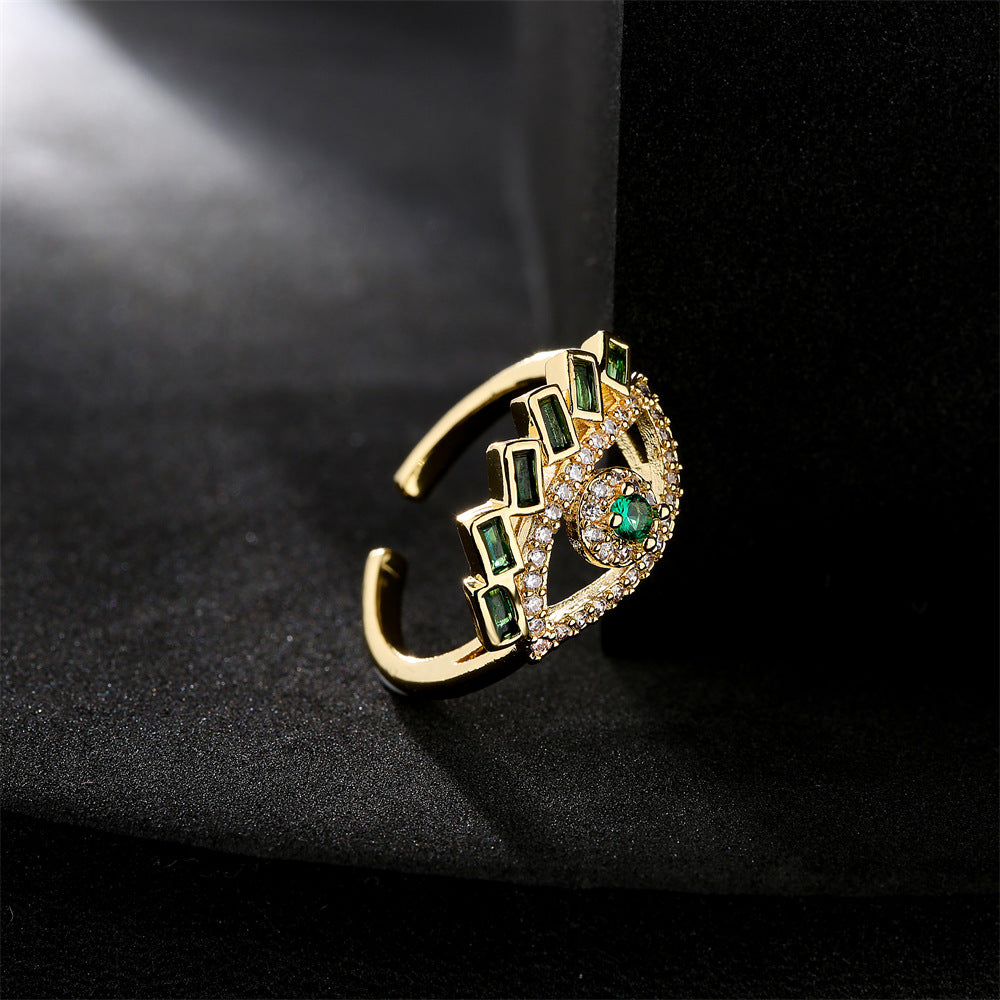 Geometric Micro-inlay Cubic Zirconia 18K Gold Plated Drip Oil Brass Ring for Women