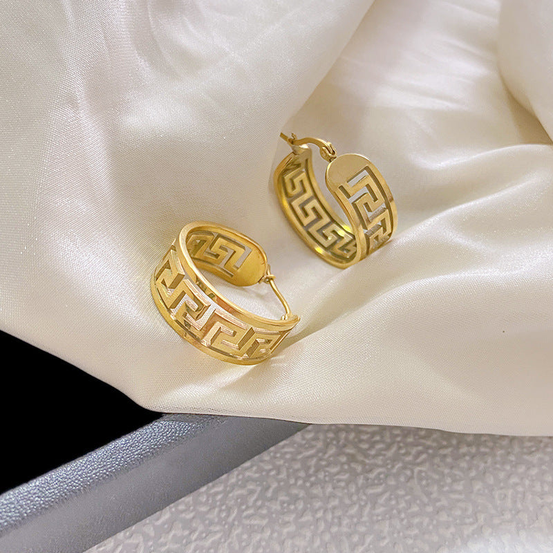 Vintage Geometric Hollow Great Wall Pattern Plated Brass Earrings for Women
