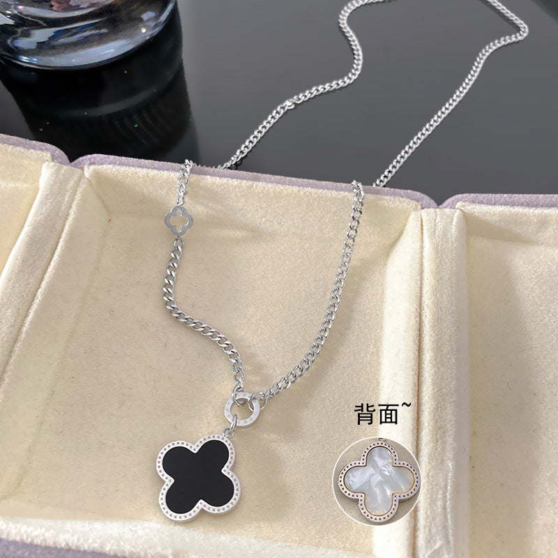 Layered Black and White Double-Sided Micro-Pave Shell Four-Leaf Clover Geometric Titanium Steel Long Necklace for Unisex