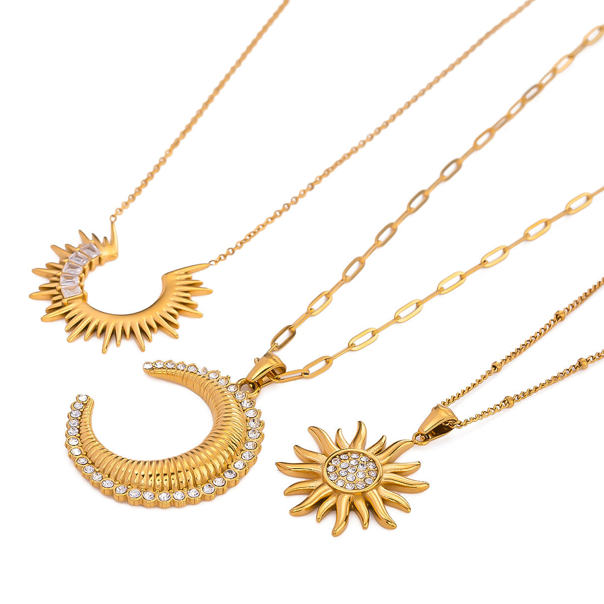 Elegant Geometric Moon Stainless Steel Plated Necklace with Cubic Zirconia Sunflower Pendant for Women