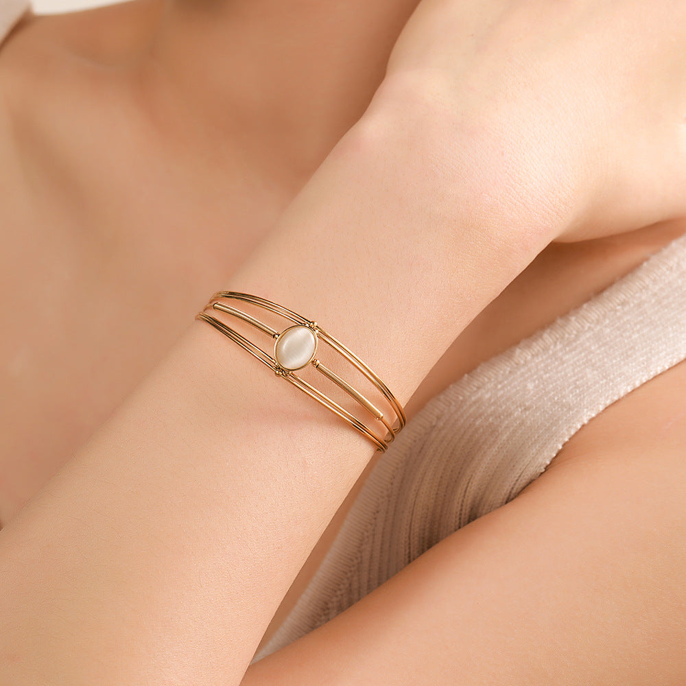 Minimalist Geometric Round Stainless Steel Cuff Bracelet with Gemstone Inlay for Women