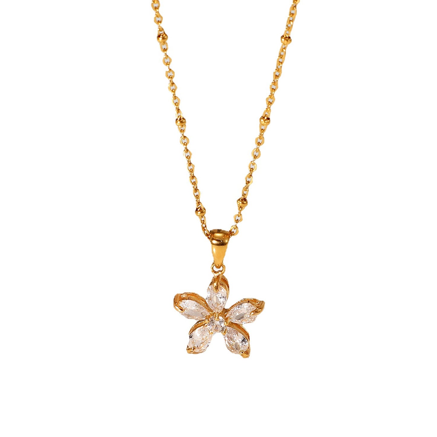 18K Gold Plated Stainless Steel Flower Necklace with 16mm White Cubic Zirconia Pendant on Ball Chain for Women
