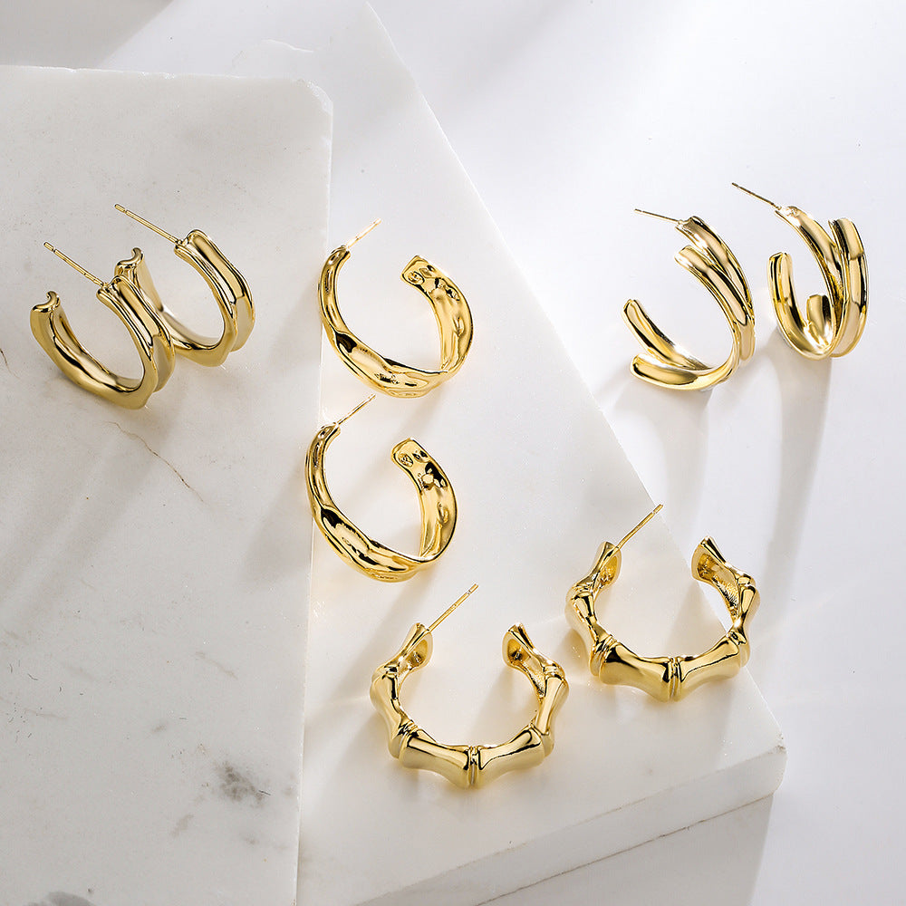 Minimalist Geometric C-Shaped Copper Earrings for Women with Gold Plating Hip-Hop Design
